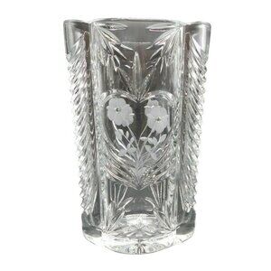 Imperial Slovakia Lead Crystal Vase Heart Etched Floral 9 1/4" Vintage Display